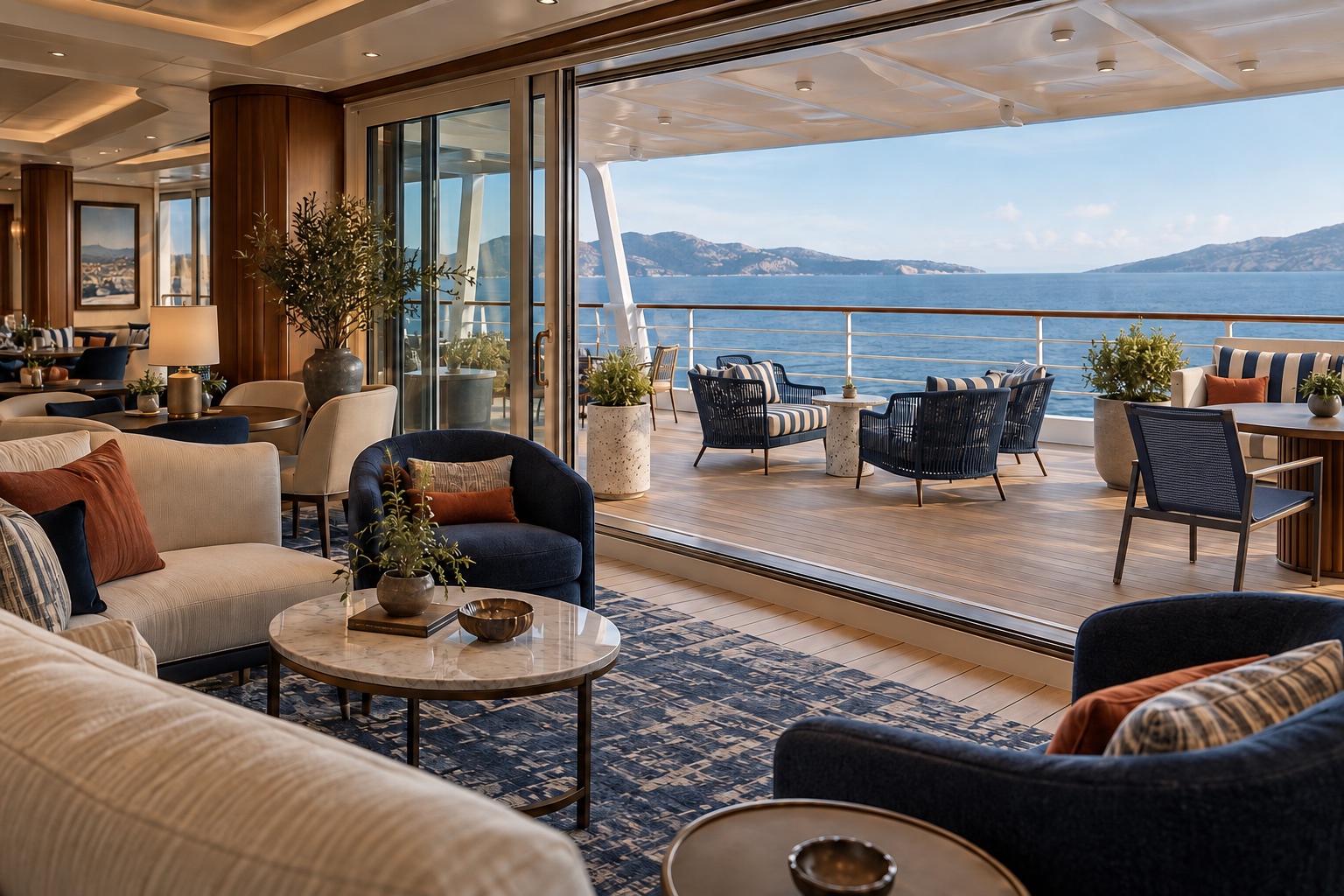 Cruise ship observation lounge with indoor seating, outdoor deck and sea view